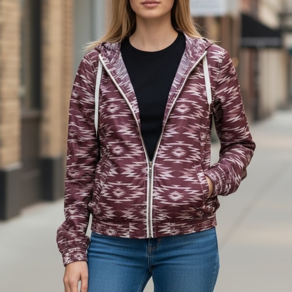 🍀2/$22 Empyre Aztec Print Burgundy Red Hooded Windbreaker Jacket Womens Small